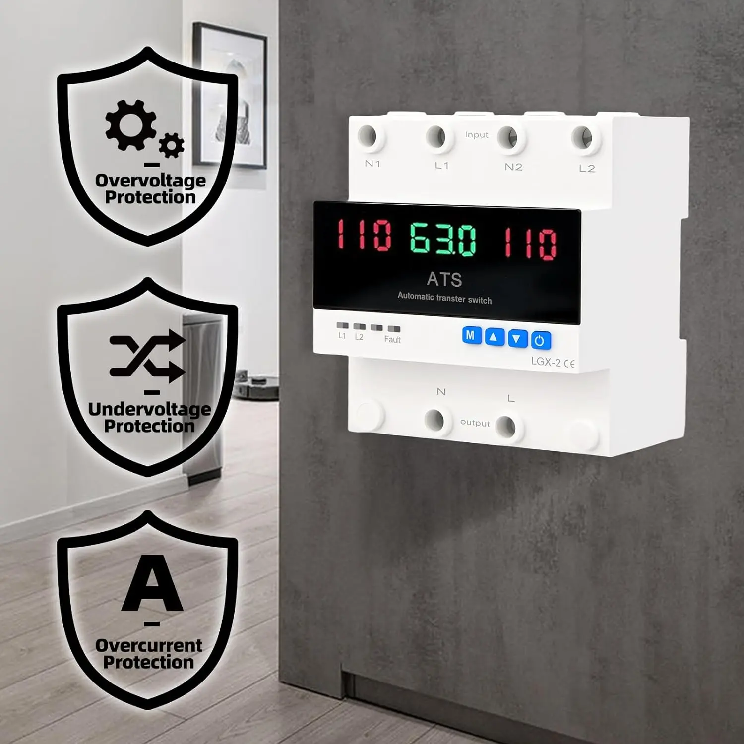 63A 110V Auto/Manual Transfer Switch L1 Priority Phase Selector with LED Display & DIN Rail Mount for Generator Inverter & Utility Power CE 50/60Hz Overvoltage Undervoltage & Overcurrent Protection