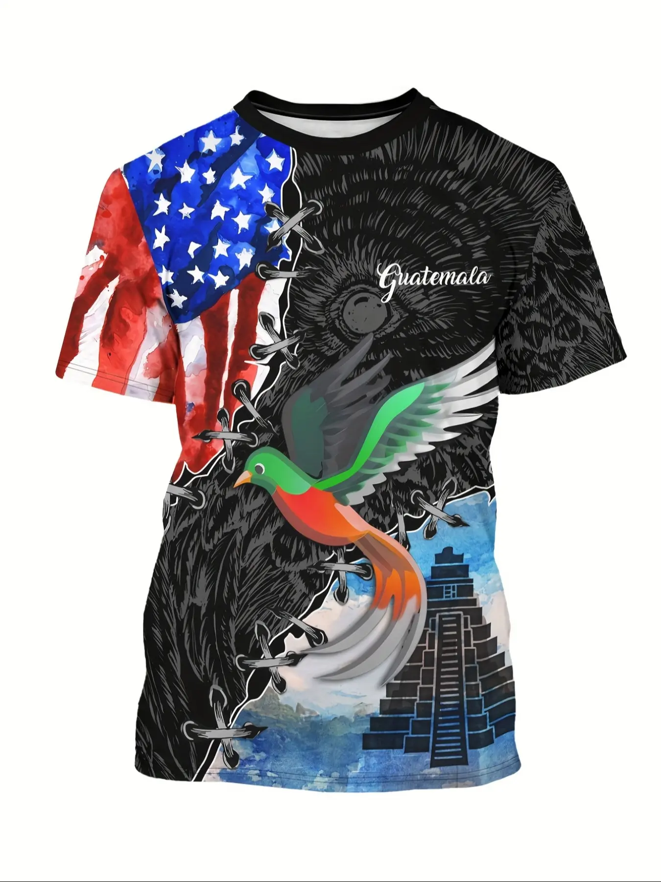 Men's Guatemala Bird & Building Print Fitted Round Neck T-Shirt, Casual Ethnic Animal Pattern Short Sleeve Top, Summer Outdoor Fashion Tee, Streetwear, Menswear