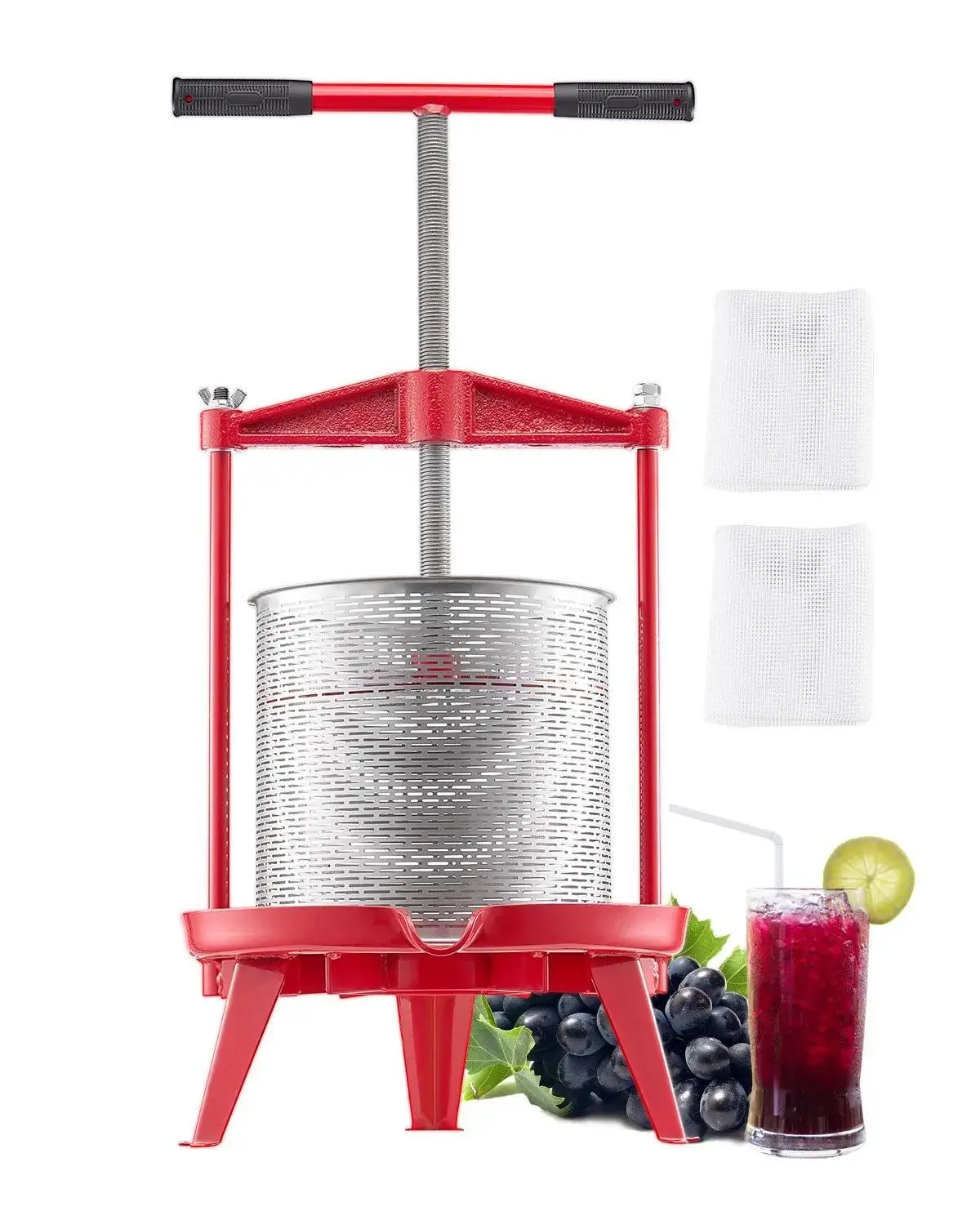 【Summerfinds】VEVOR 3.69 Gal/14L Fruit Wine Press,  Stainless Steel Basket with Cross-beam and Triangular Structure, Manual Juice Maker, Cider Apple Grape Tincture Making Press with T-Handle for Kitchen Home