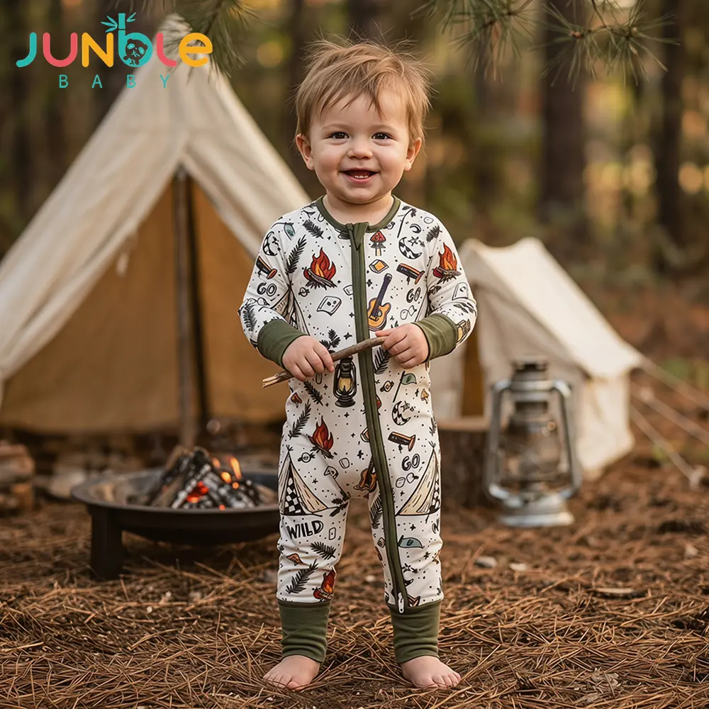Junblebaby Baby Bamboo Romper Long Sleeve 2 Way Zipper Foldable Foot Covers Sleeper Baby Boy Clothes Camping Print