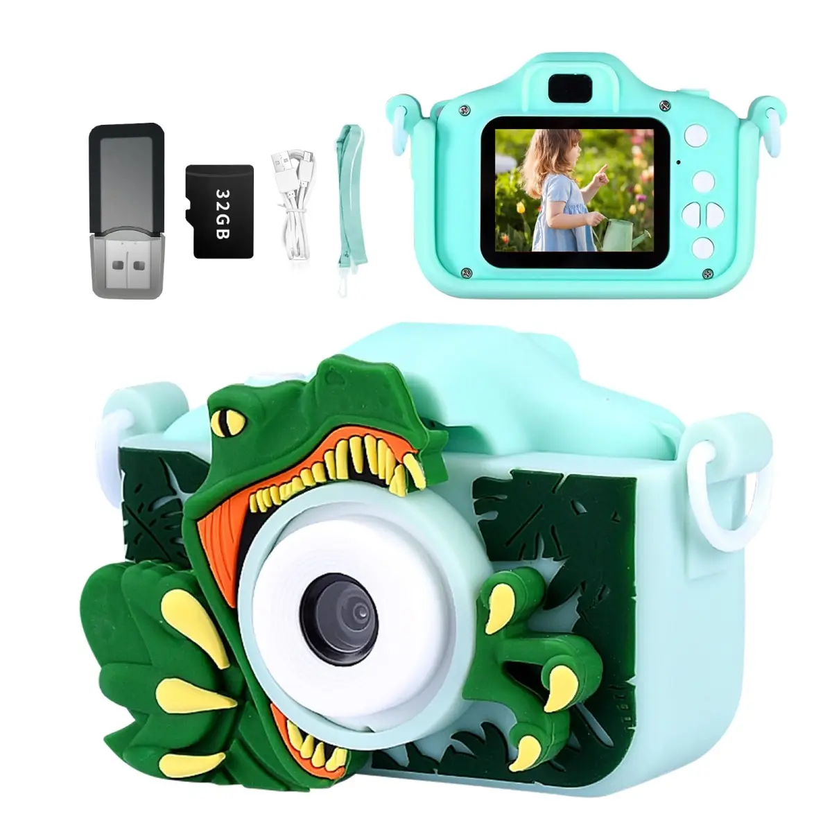 Asonic NT84626 Kids Point & Shoot Camera - Green Dinosaur Design, Portable Selfie Camera with Lens & Chip for Boys Aged 3-12
