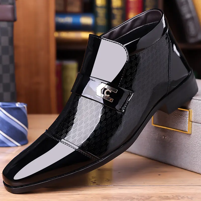Men’s Glossy Leather High-Top Chelsea Boots - Pointed Toe, Slip-On Design, Breathable Work Footwear for Professional Office Use