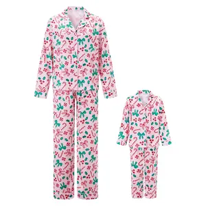 Mommy and Me Cozy Christmas Pajamas | Bow Candy Cane Print Matching Sleepwear Set for Mom and Baby