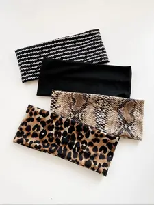 4pcs Non-Slip Wide Stretchy Headbands for Women, Leopard Snake Print Stretch Hair Bands Set, Soft Elastic Workout Hairband Sweatbands, Fashion Y2K Hair Accessories for Yoga, Running, Makeup, Daily Wear, Comfortable Grip Headbands for Girls
