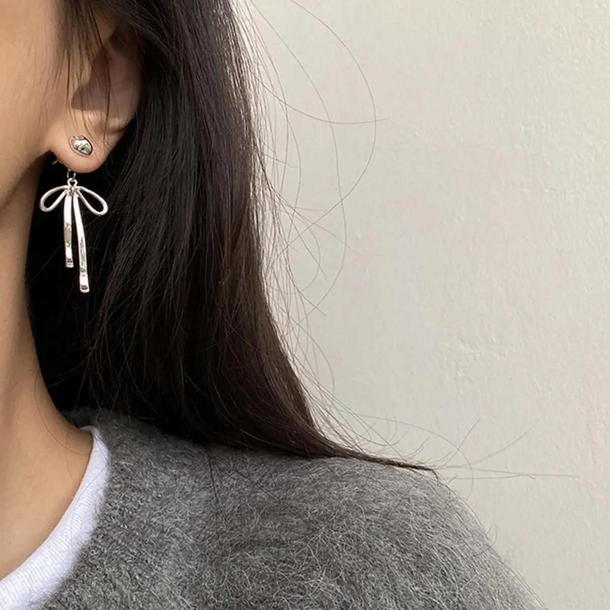 Silver bow earrings for pierced ears, daily wear gift for women
