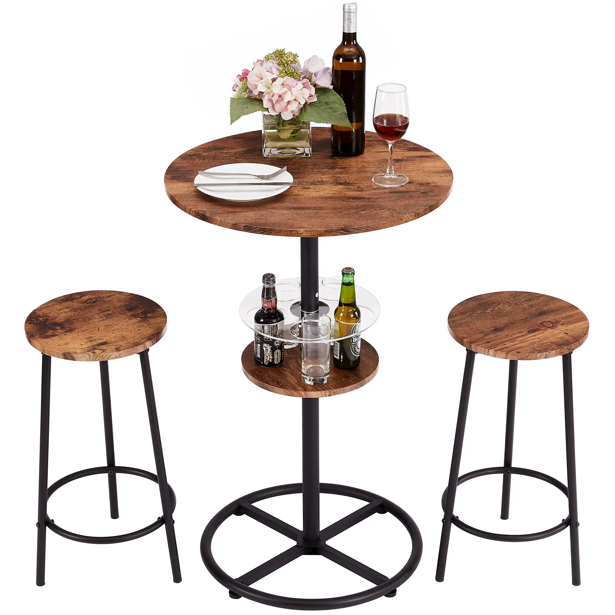 VECELO 3 Piece Bar Table Set Small 2-Tier Round Pub Table With Counter Height Bar Stools Home Bar Restaurant Wooden Top Bar Dining Bistro Table 2 Chairs Set