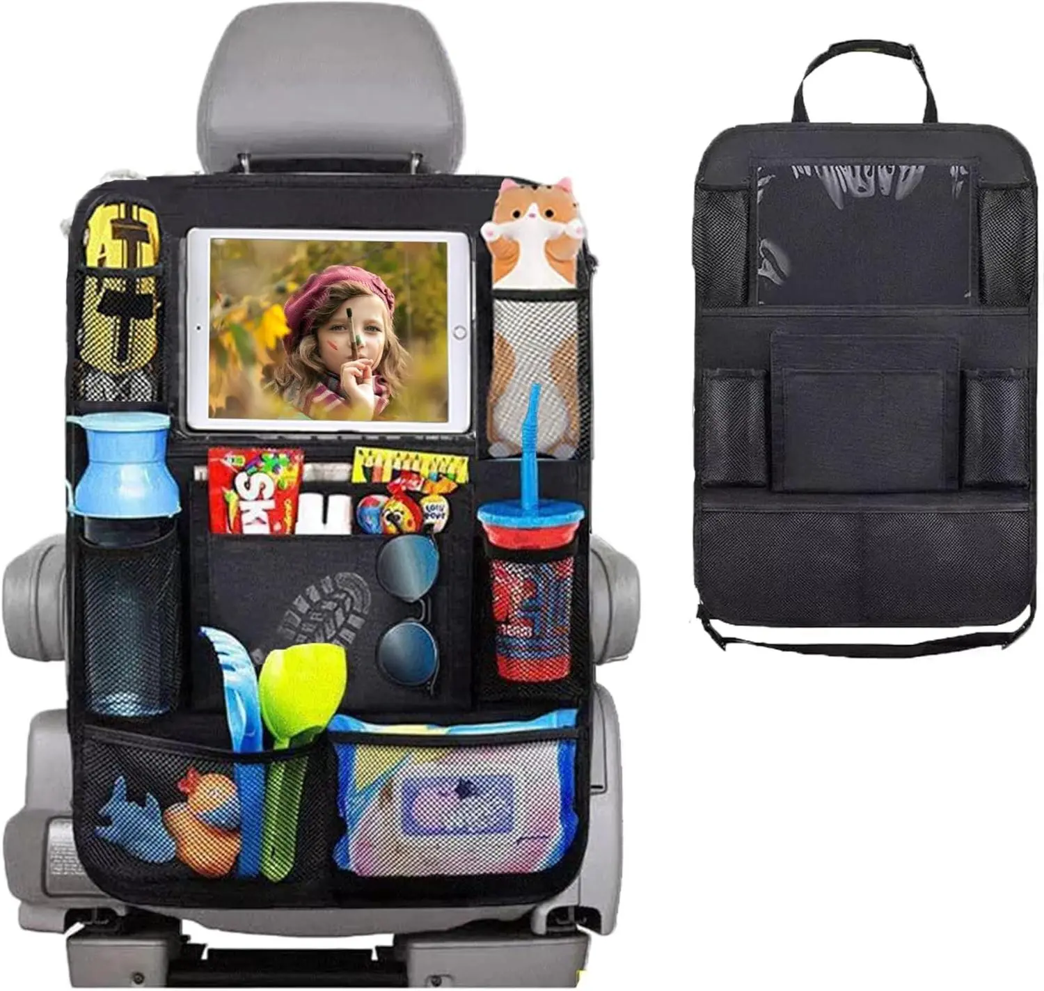Backseat Organizer with Tablet Holder - 1Pc Universal Automotive Car Accessory, Vehicle Car Interior Kit, Easy-to-Clean Back Seat Protector Kick Mat with 9 Storage Pockets, Travel Essential