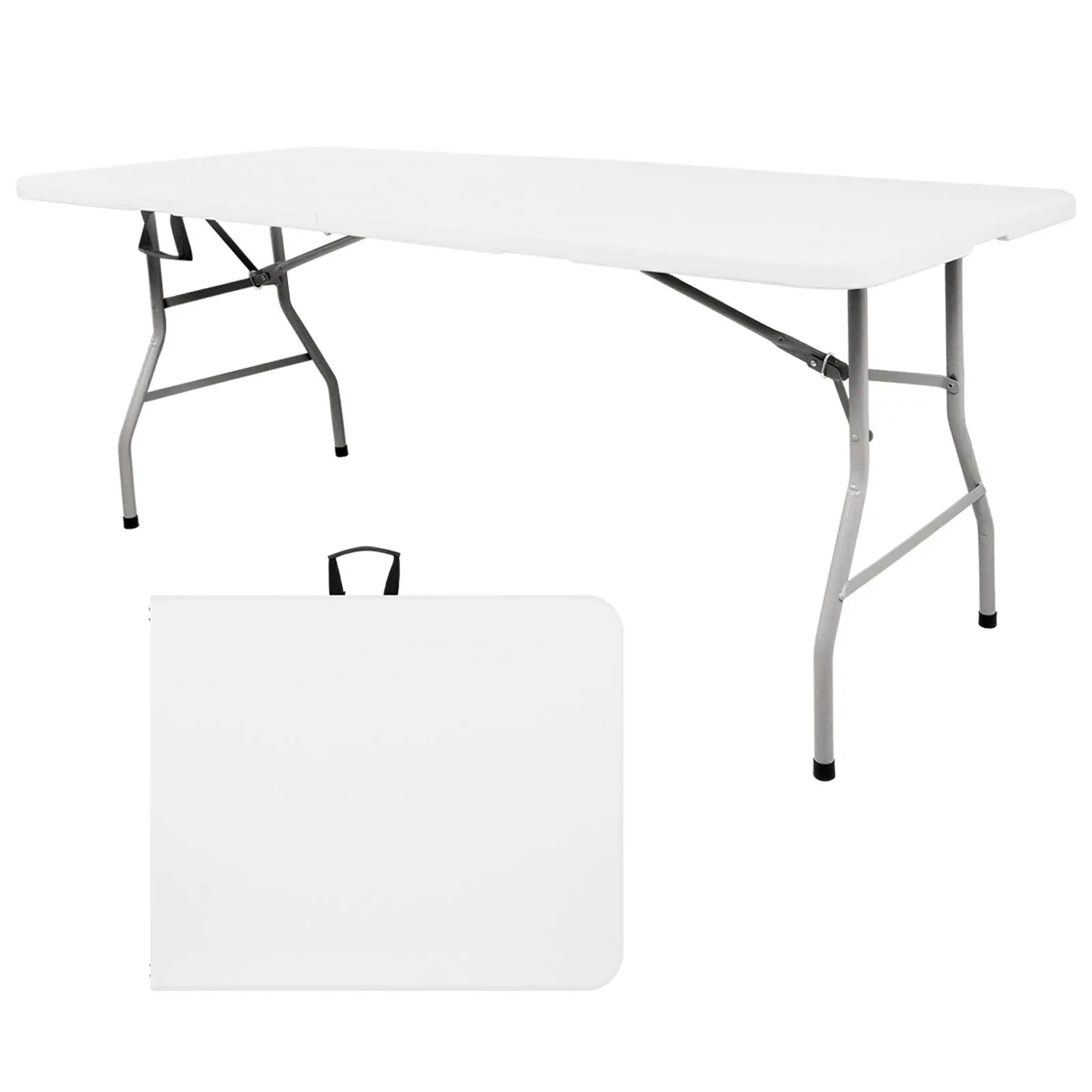 6FT White Plastic Folding Utility Table with Sturdy Steel Legs, Portable Foldable Picnic Table with Built-in Carry Handle, Multipurpose Indoor Outdoor Table for Parties, Dining, Weddings, Camping & All Events