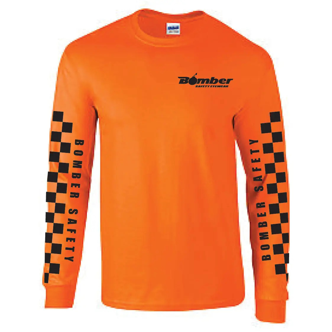 Women's Classic Fit Long Sleeve T-Shirt - Gray 100% Cotton Top with Bomber-Style Orange Checkered Sleeves & Logo Print