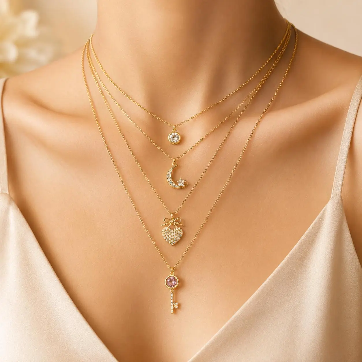 4-Piece Pendant Necklace Set for Women, Gold-Tone Delicate Jewelry with Assorted Mixed Charms, Lightweight Surprise Party Gift Fashion Jewelry Party Chain Necklaces
