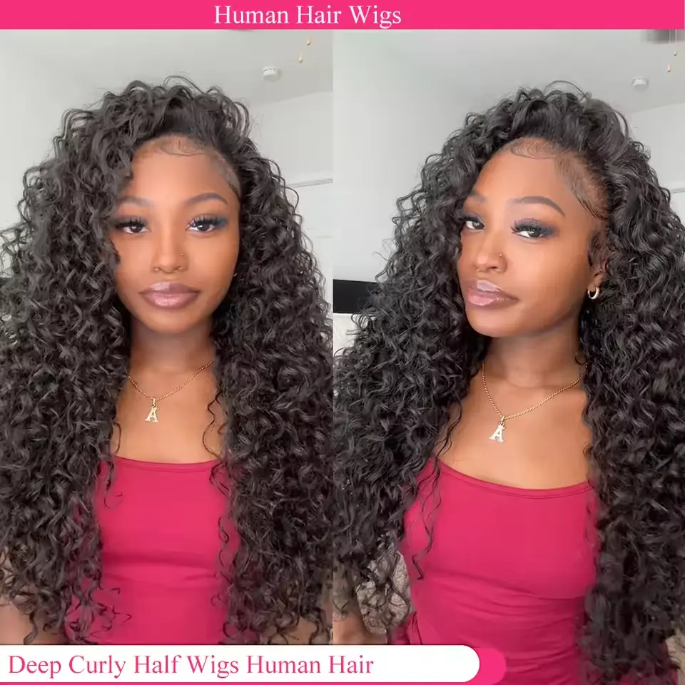 BLING HAIR 3-in-1 Thick Curly Glueless Part Wig, 180 Density Deep Wave Human Hair, Seamless Flip Over Adjustable Drawstring Half Up Half Down Wig for Women