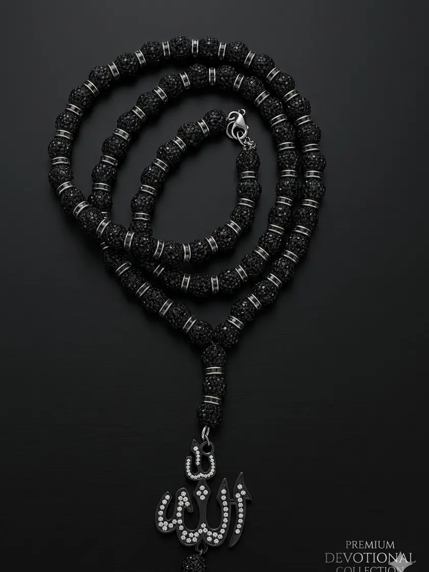 Men's Long Black Unique Beads Tasbih Necklace - 26.8 in Alloy Arabic Calligraphy Pendant, Retro Ramadan Men's Accessories, Devotion Symbol for Daily Fashion, Meaningful Gifts, Unisex, Jewelry, Retro Look, Crystal, 0.29 Pounds / Lbs campingessentials