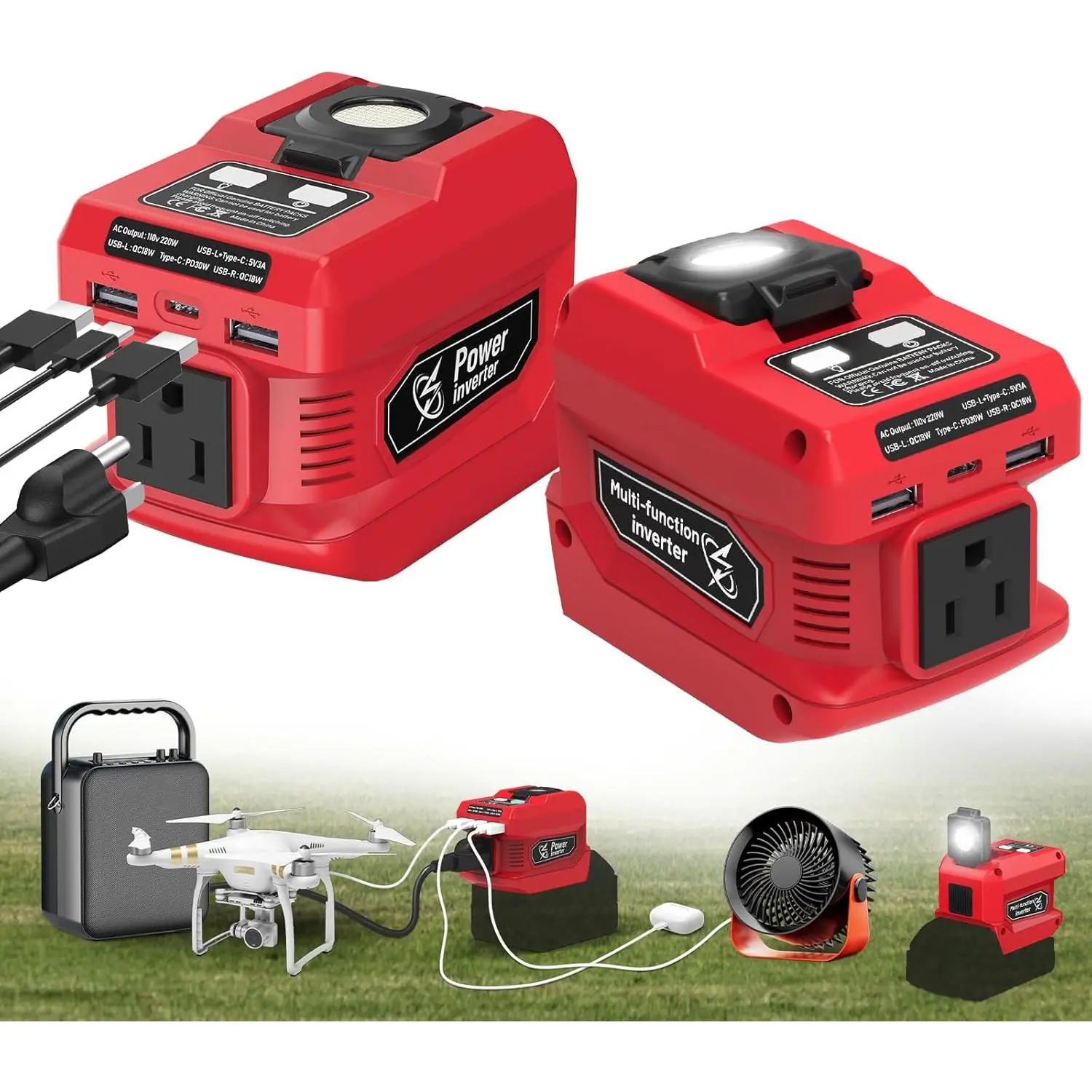 220W Power Inverter for Milwaukee 18V , DC 18V to AC 110V Portable Power Station Generator with 1 AC Outlet, 2 USB Ports & 1 Type-C Fast , 400LM LED Work Light (2-Pack)