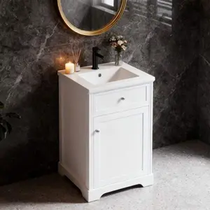 White Bathroom Vanity 20 Inch Wide Single Sink Vanity with White Ceramic Top Soft Close Door Storage Cabinet 34 Inch Height 18 Inch Depth Small Space Bathroom Furniture Modern Farmhouse Freestanding Vanity Unit