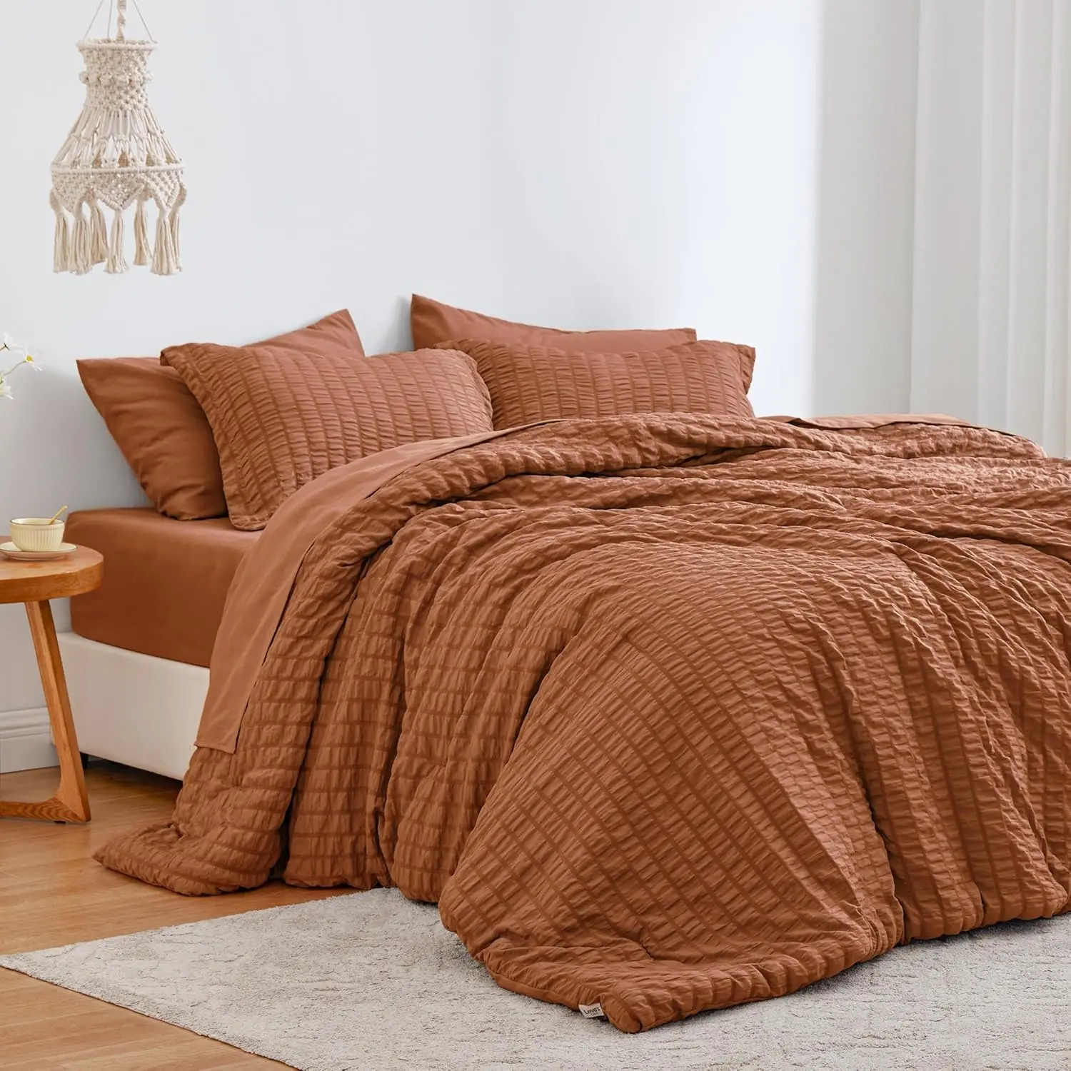 7-Piece Synthetic Seersucker Terracotta California King Bedding Set - Ultra-Lightweight, Breathable Softness, All-Seasons Durable, Machine-Washable Set with Comforter, Flat Sheet, Fitted Sheet, Pillowcase, Pillow Sham