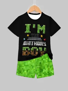 Kids Minecraft Birthday Themed Pixel Print Short Sleeve & Shorts Set