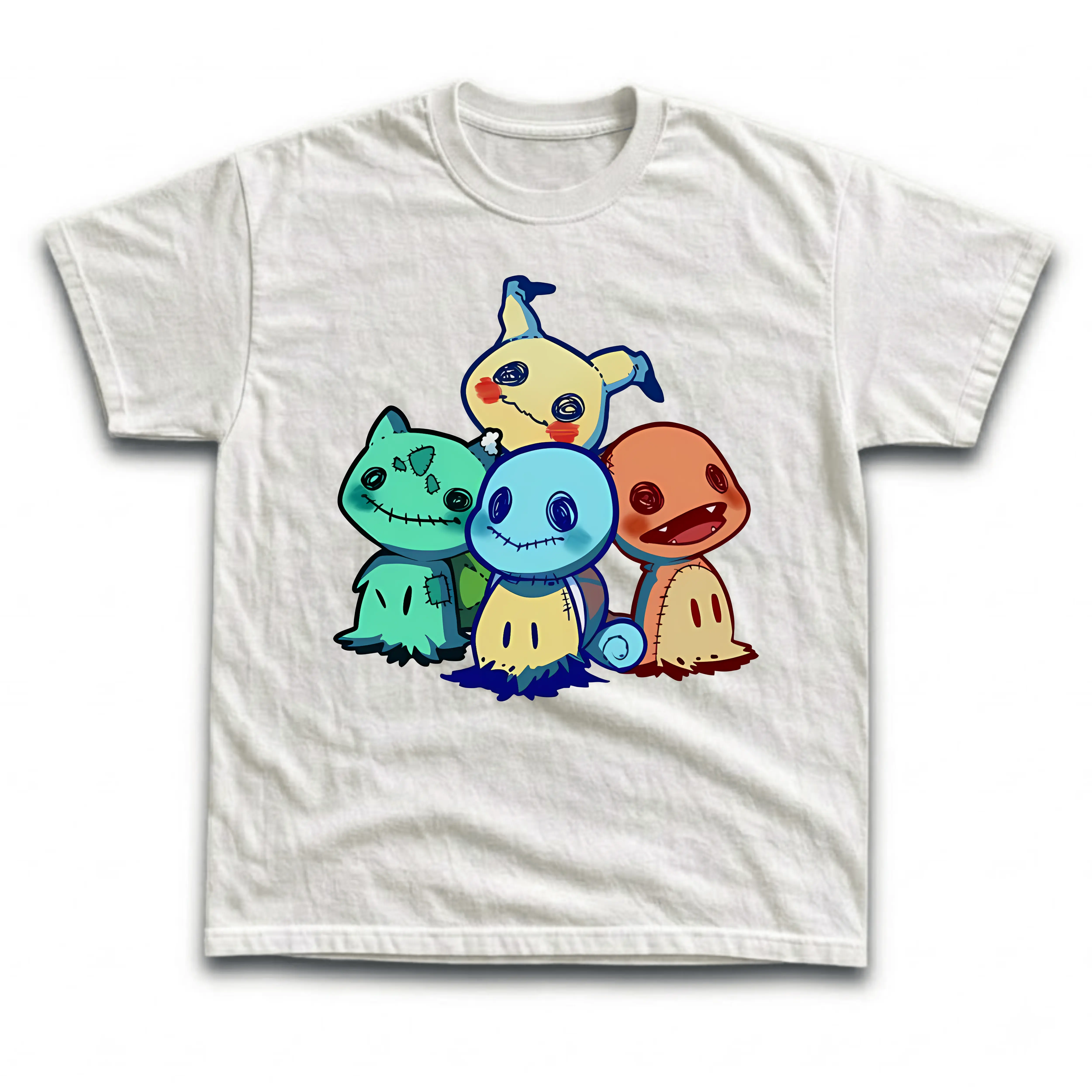 Gildan Men's and Women's T-Shirts, Vintage Creepy Cute Stitched Monsters Graphic Tee, Funny Anime Spooky Rag Doll Parody, Harajuku Streetwear Unisex Tee, Trendy Casual Crewneck Top, Cool Spooky Halloween Cartoon Clothing, Unique Gamer Otaku Gift Idea
