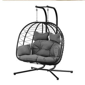 Outdoor Double Egg Chair with Stand, Supporting Up to 700lbs, Rattan Egg Swing Chair, Foldable Hanging Loveseat,  Hammock with UV Resistant Cushions,Christmas gift