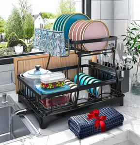 2 Tier Dish Drying Rack with Auto Drain Tray, Kitchen Counter Dish Drainer Set, Cup Holder Knife Fork Organizer, Space Saving Kitchen Rack