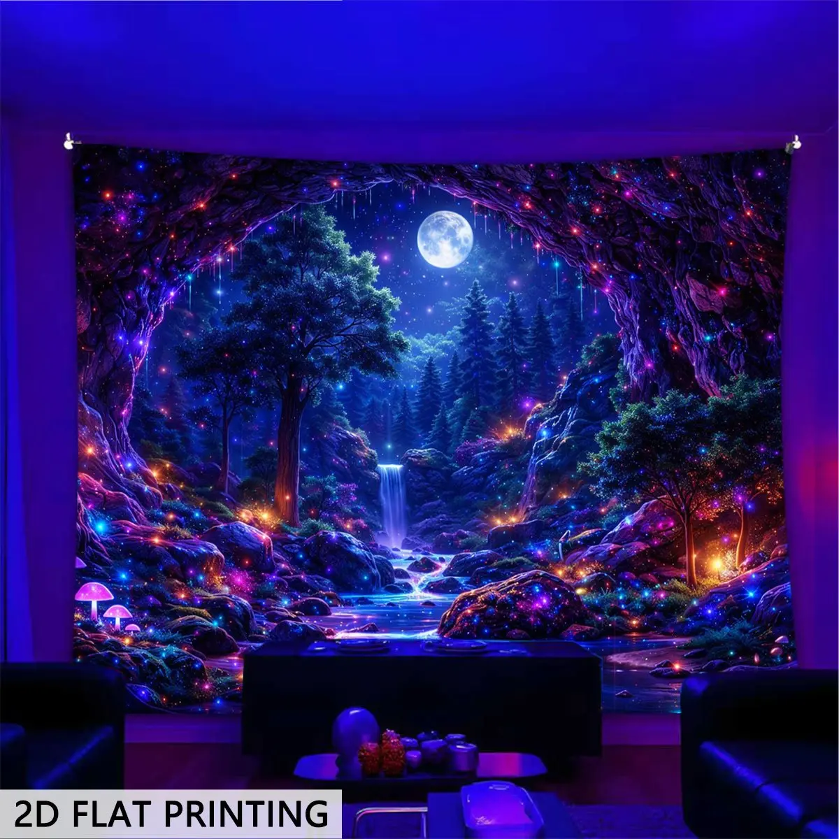2D Flat Printing Glow-in-the-Dark Black Light Mountain Cave Waterfall Artwork Print Tapestry - Home Supplies, Decoration Accessory for Apartment Room & Outdoor Porch Door Hanging