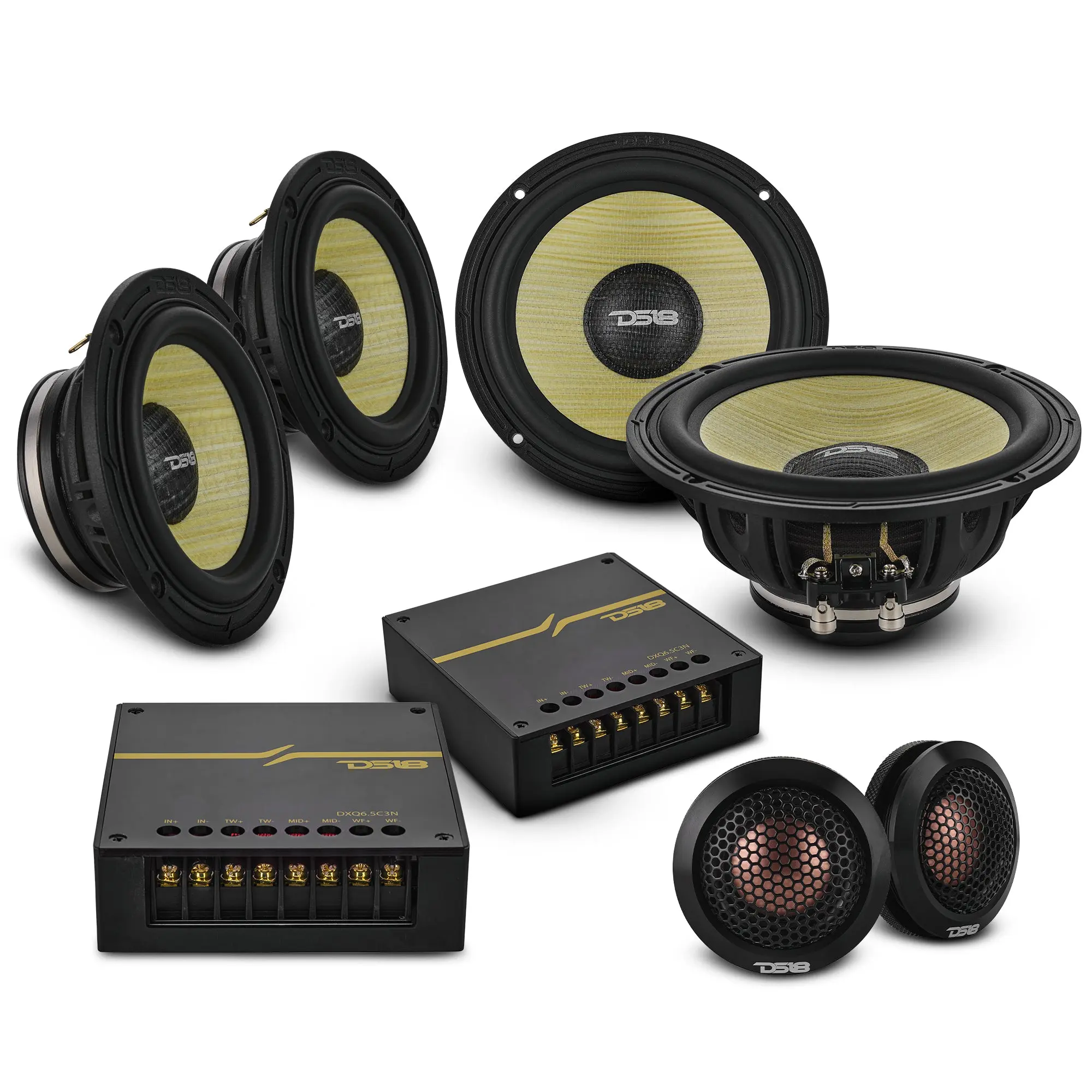 DXQ 6.5" 3-Way Component Car Audio Speaker Set, Neodymium Magnet, Yellow Straw + Composite Foam Cone, 180W RMS 4-Ohm (DXQ6C3N) – Compact Loud Bass Speakers for Aftermarket Stereo Head Unit & Car Audio Installation, Aftermarket Stereo Head Unit Speakers