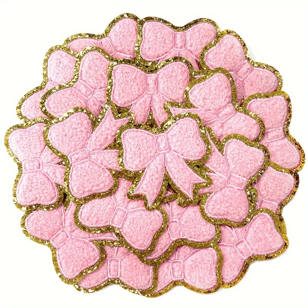 12Pcs Pink Chenille Embroidered Bow Patches - Self-Applied Embroidery Craft Appliques Embellishments, Patch Trim & Embellishments for Girls’ Uniforms, Backpacks, Jeans Jackets