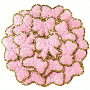 12Pcs Pink Chenille Embroidered Bow Patch Fashion Girls Self-Applied Decoration DIY Funny Accessories Uniform Backpack Clothes Jeans Jacket Hats