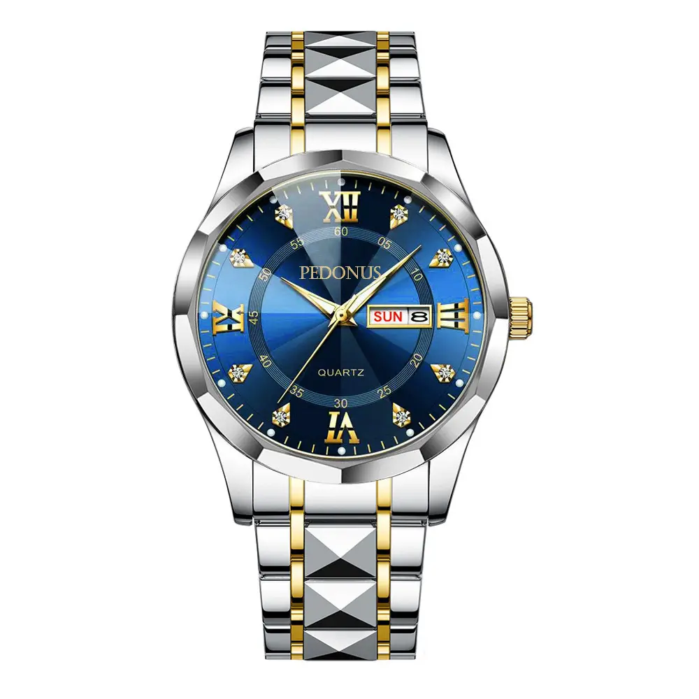 Men's Luminous Simple Quartz Business Watch - Stainless Steel Band, Gold Accents, Blue Dial with Date & Day Indicator, Men's Accessories, Thoughtful Birthday Gift for Boyfriend, Gifts For Boyfriend, Birthday Gifts For Bf