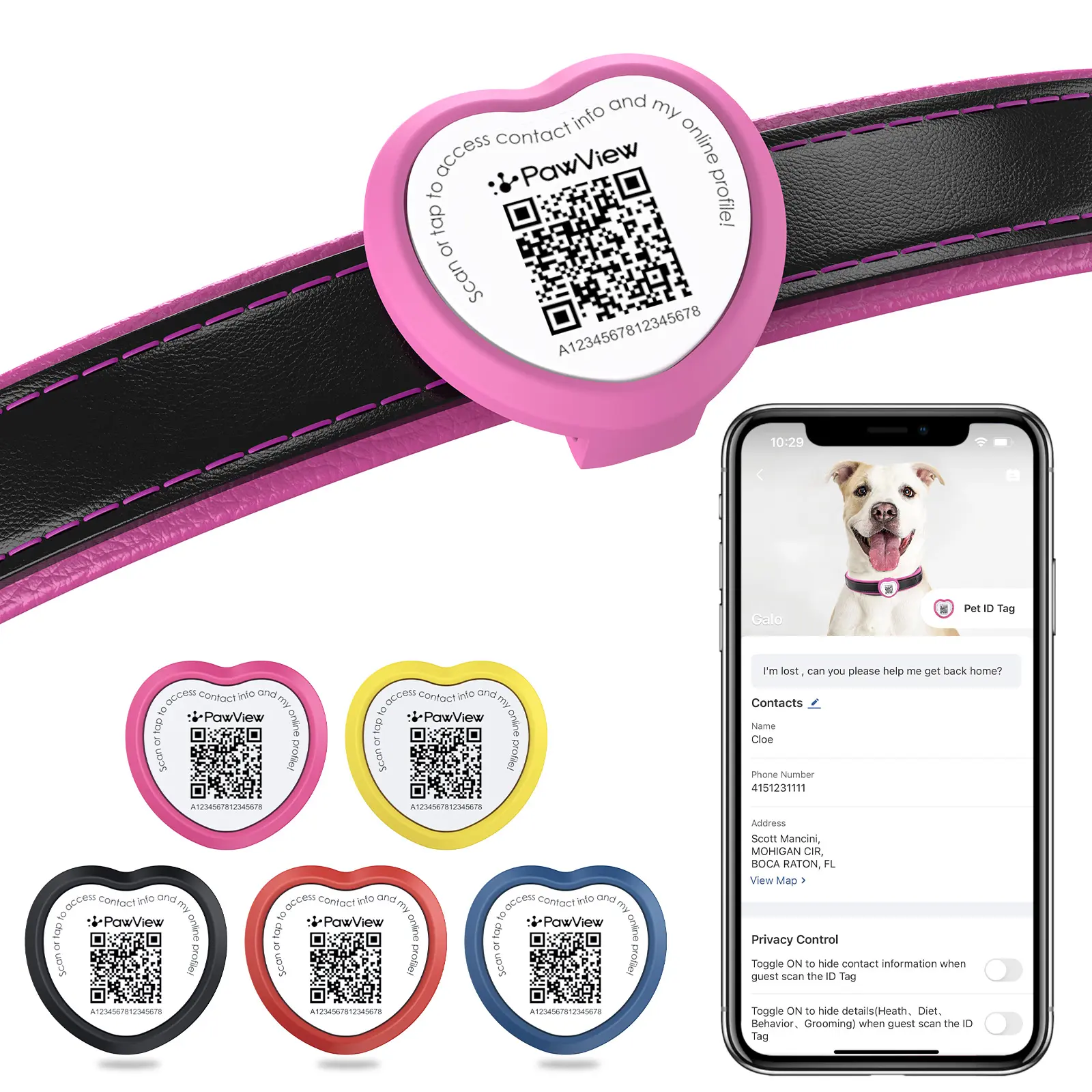 PawView QR Code Pet ID Tag, Scan to Contact Owner Get Real-time Location, Waterproof Silent Anti-Lost Dog Cat Safety Collar Tag