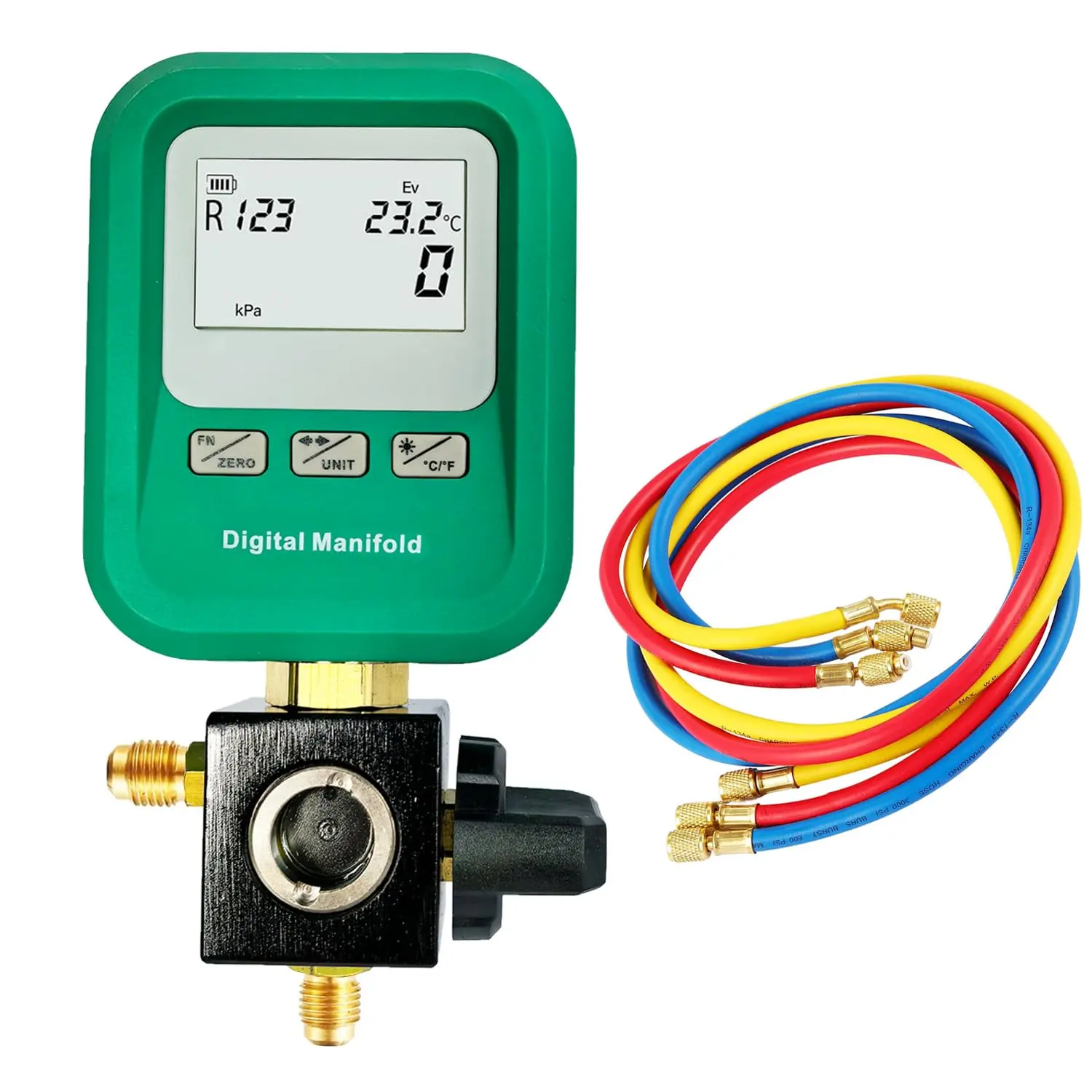 Portable Digital HVAC Manifold Gauge Set - Digital Accuracy, 3x 5 ft/1.5m Hoses, 6-Month Battery Life, 9 Major Refrigerants (R134A/R410A/1234YF Included) for Automotive & HVAC Maintenance, Refrigerant Leak Test & Vacuum Tool, 3X Hoses