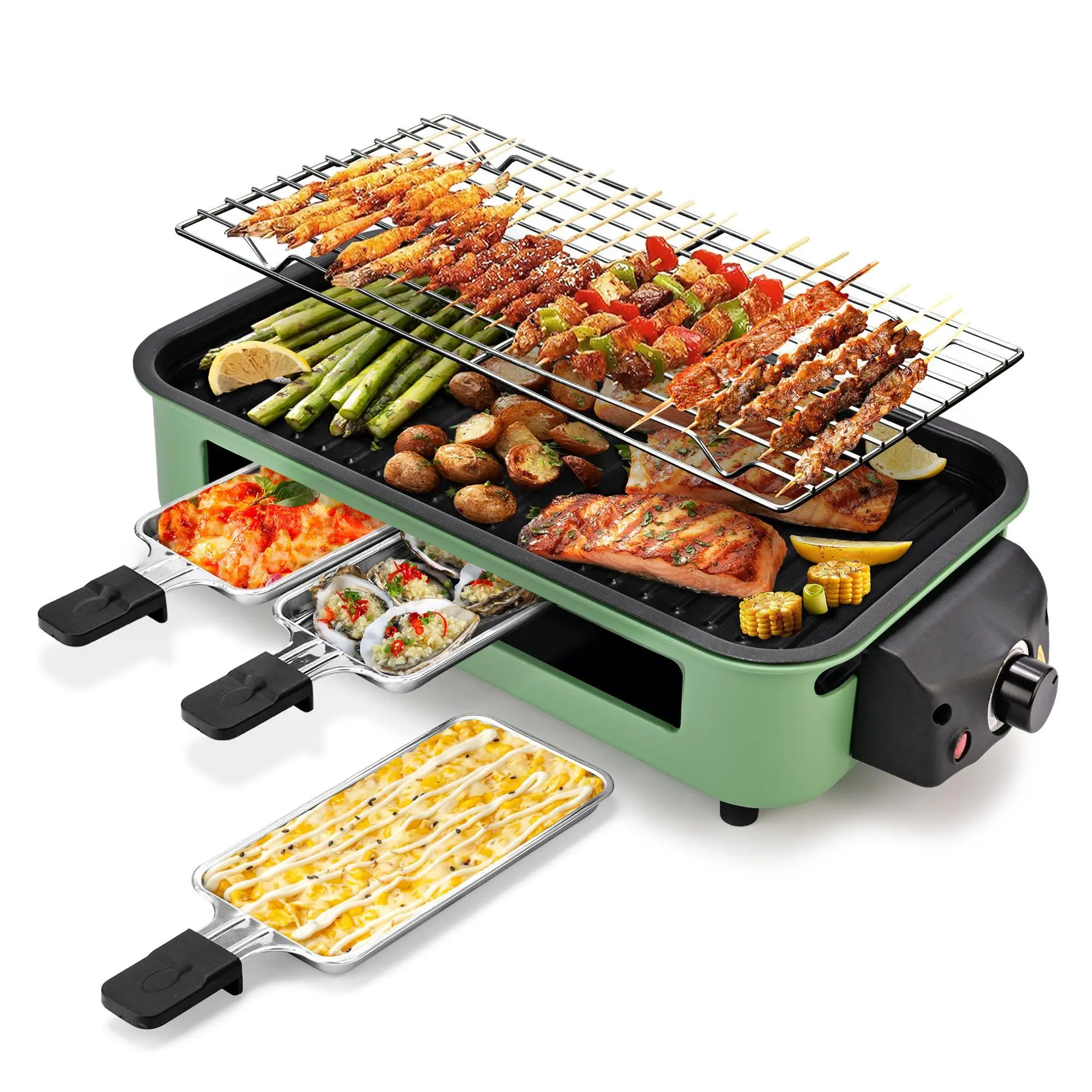 Pukomc 2-in-1 Smokeless Electric Grill & Raclette - 1500W Portable, Universal Griddle Plate, Non-Stick Surface, 3 Pans, Easy-Clean Parts for Indoor/Outdoor Cooking