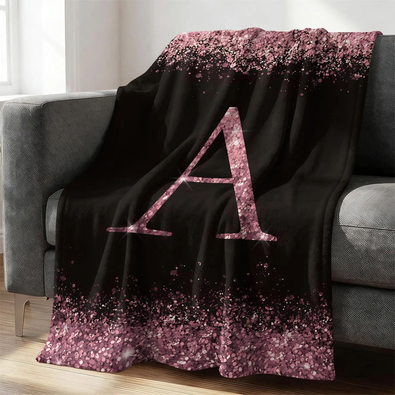 ✨ Pink Glitter Letter A-Z Flannel Throw Blanket, Soft Warm Cozy Blanket, Decorative Blanket, Elegant Black & Pink Gift Blanket, Blanket Gifts for Couch Bed Sofa Dorm Bedroom Decor, All Season Use for Teens & Women, Soft Blankets