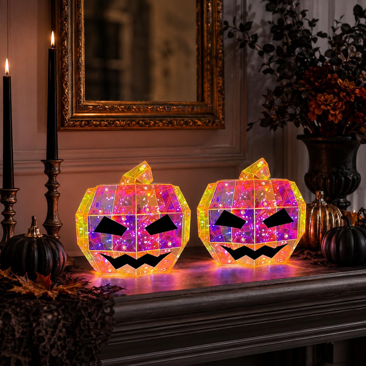 Magical Transparent Geometric Halloween Rainbow Prism Pumpkin LED Light - 15cm Battery-Operated Color-Changing Jack O' Lantern, Waterproof Indoor-Outdoor Ornaments for Home Porch Table Decoration