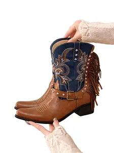 Vintage Fringe Western Cowboy Boots, Colorblock Patchwork Metal Rivet Embroidery Chelsea Boot, European Style Mid-Calf Boot, Leather Fabric Blend, Western Rodeo Boots