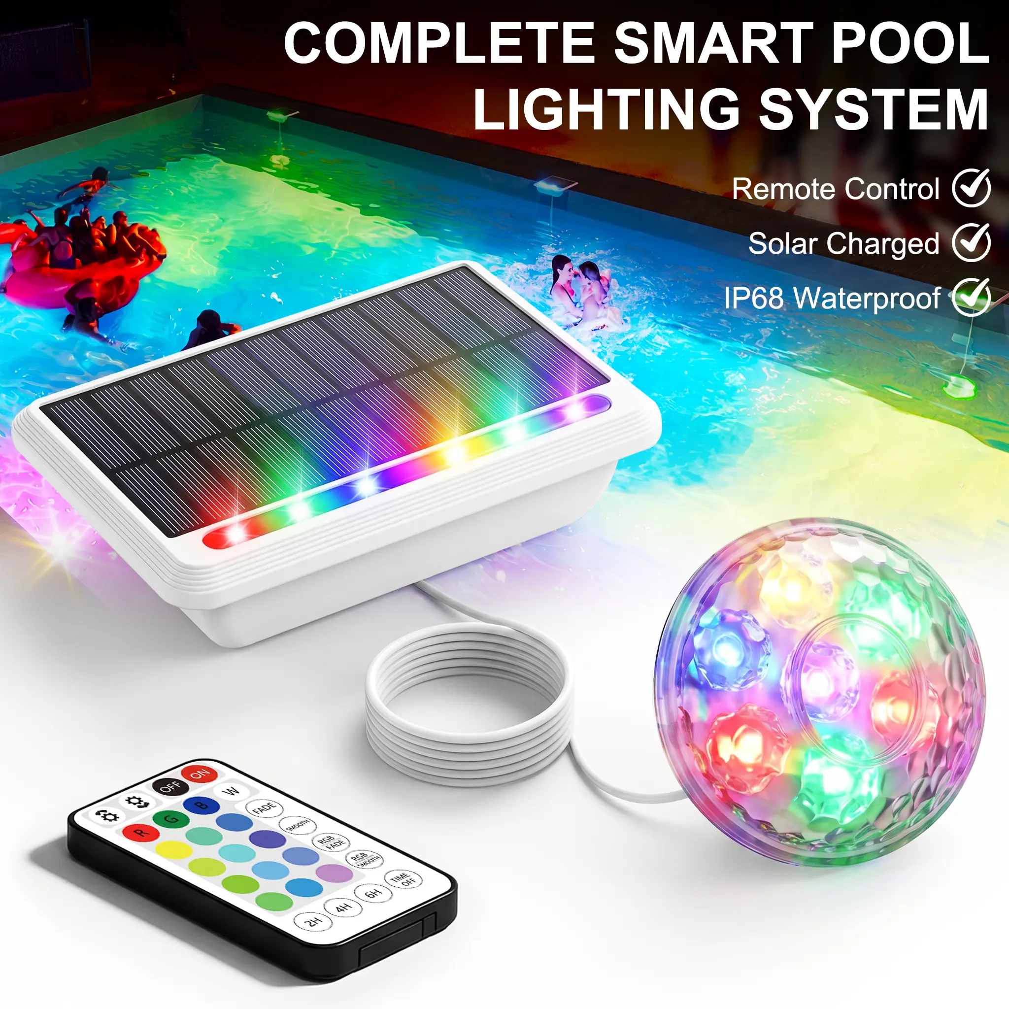 Solar Pool Lights RGB Underwater – IP68 Waterproof Remote Control, 16 Colors 10 Brightness, Automatic Charging, Pool Lighting for Inground & Frame Pools