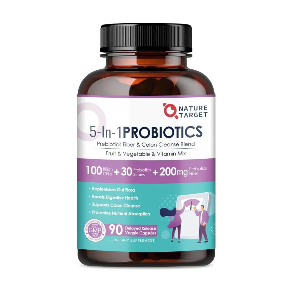 NATURE TARGET Probiotics for Digestive Health with 5 in 1 Probiotics, 200mg Prebiotics, 30 Strains, Enteric-Coated Capsules - Dietary Supplement for All Ages - Fitness