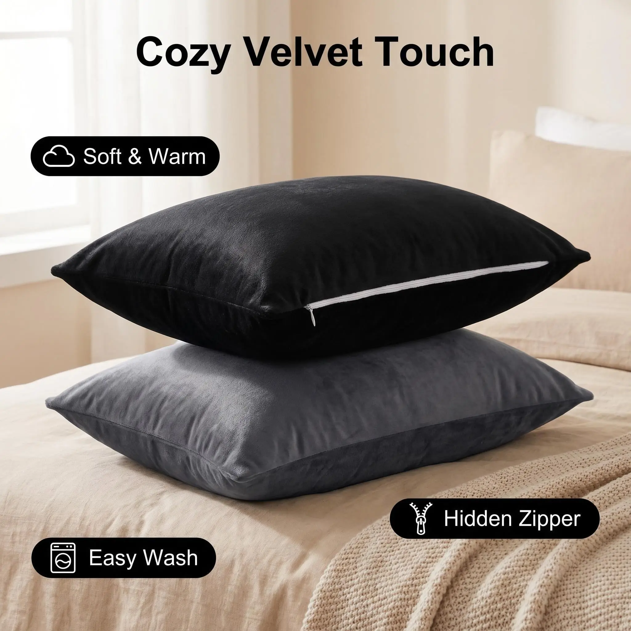 NTBAY 2-Piece Ultra Soft Velvet Pillowcases - Cozy Luxury Fuzzy Flannel Pillow Covers with Hidden Zipper, Decorative Velvet Cushion Cases for Sofa & Bed, Set of 2