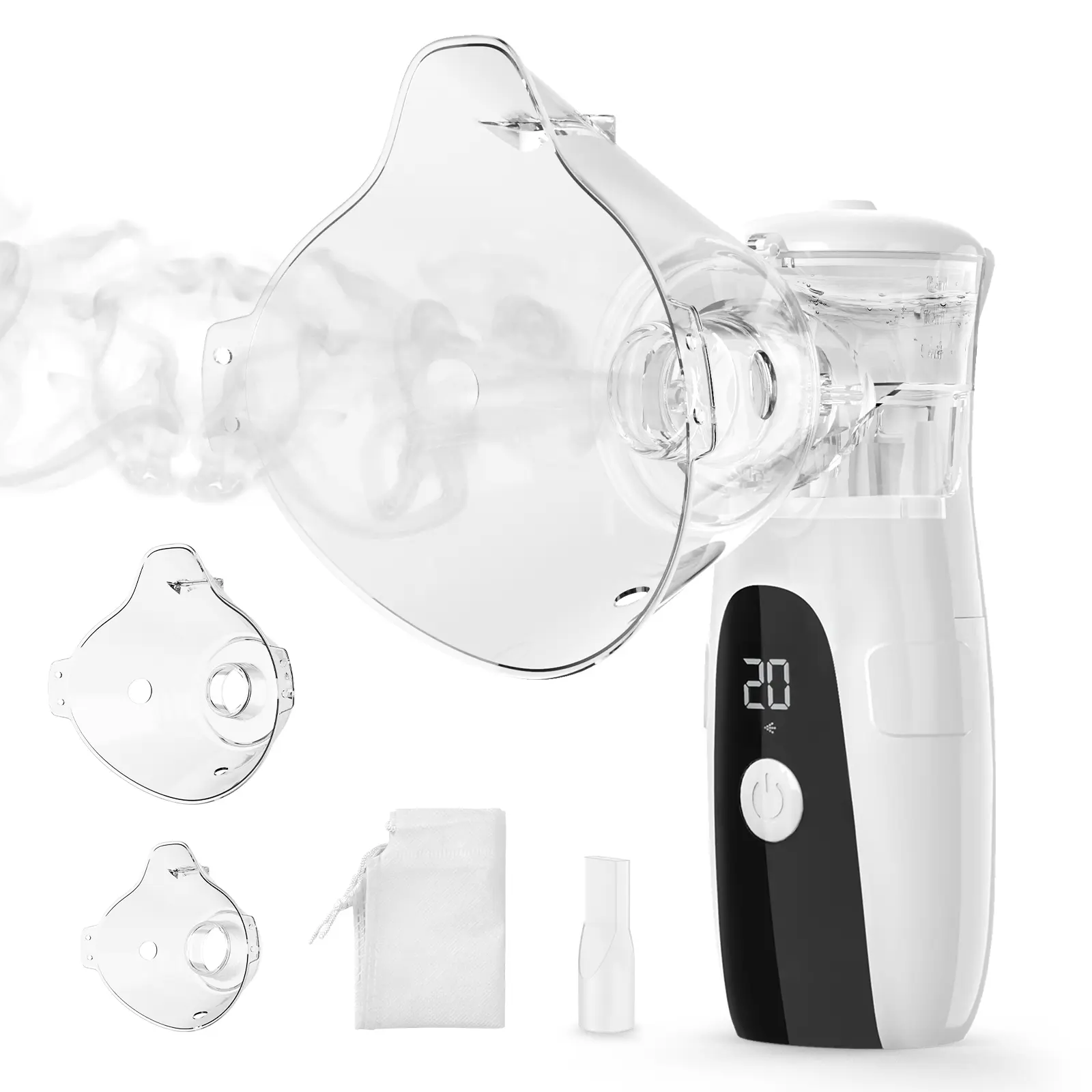 Portable Mesh Nebulizer for Adults and Kids, Upgraded 15ml Large Capacity Cool Mist Steam Inhaler, 3 Adjustable Modes with Self-Cleaning Function, Handheld Respiratory for Home & Travel Use-White