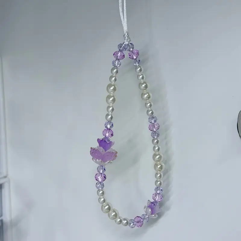Lotus Floral Beaded Phone Strap: Purple Handmade Keychain Charm