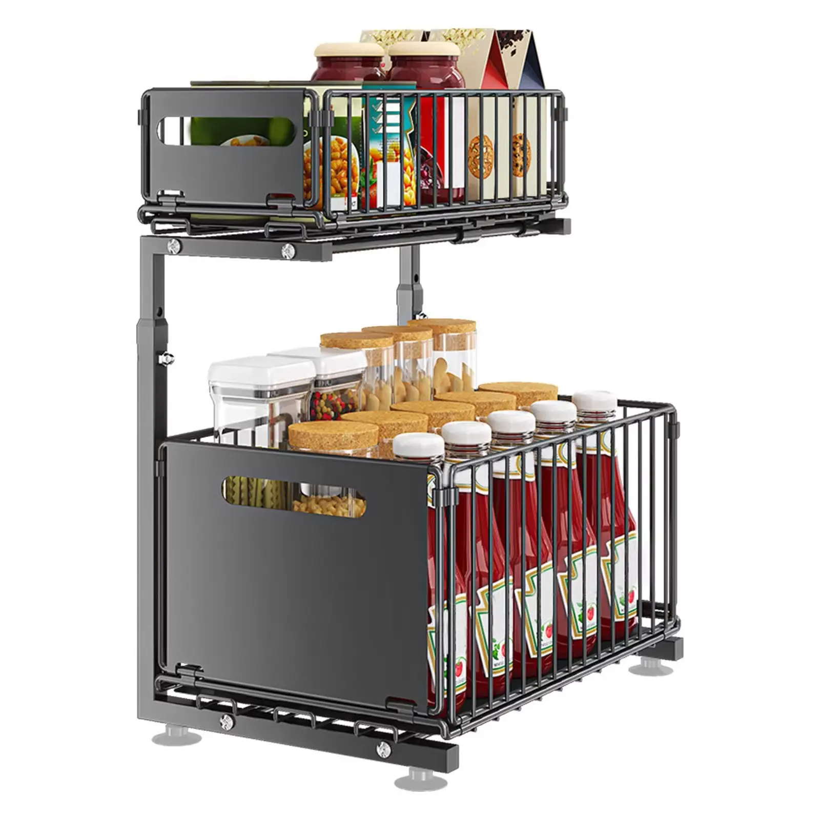 Gaomon L-Shape All-Steel Storage Drawer Unit - 2-Layer Carbon Steel Adjustable Height Tray, Multifunctional Organizer with Metal Sliding Drawers, Buckles, Elevated Guardrail, No-Punch Bathroom Under-Sink Holder (Contact Before Ordering via Special Link),