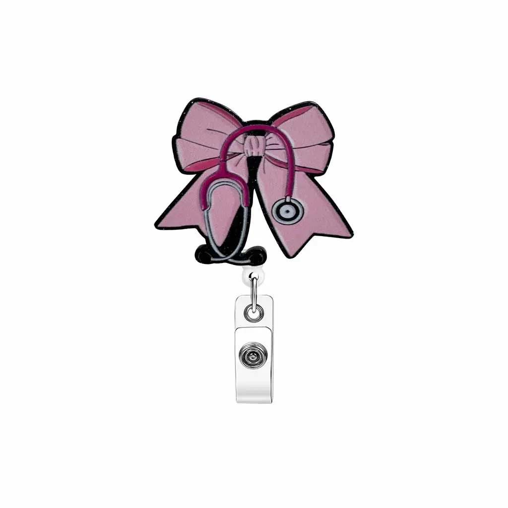 1PC sweet medical style bow tie easy-pull buckle. The sweet pink bow tie is combined with a stethoscope, full of the warm feeling of the medical field. The easy-pull buckle is convenient for hanging and storing certificates, name tags, etc., Bow Decor Tie