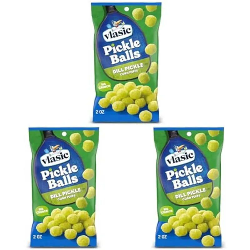 Pickle Balls,Dill Pickle Flavored Corn Puffs,Pickleball Gifts,2 oz.,(Pack of 3)