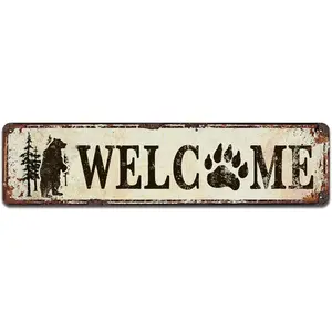 Bear Silhouette Metal Wall Art Decor, Rustic Cabin Hunting Bear Paw Decorations, Forest Wilderness Wall Decor for Bathroom, Living Room, Bedroom, Vintage Tin Signs 4 x 16 Inch V-134