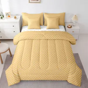 Dotted Yellow Comforter Set,White Polka Dot Bed in A Bag 7 Pieces Geometric Bed Set,Room Decor Modern Pattern Printed Bedding with Sheets