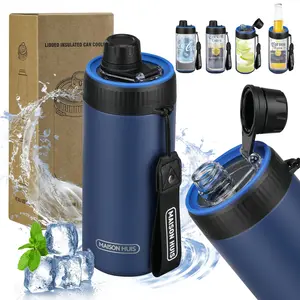 4-in-1 Beer Can Cooler Bottle Holder with Spout Lid for 12oz Regular & Slim Cans, Double Wall Stainless Steel, Keeps Drinks Cold, Drinkware Flask