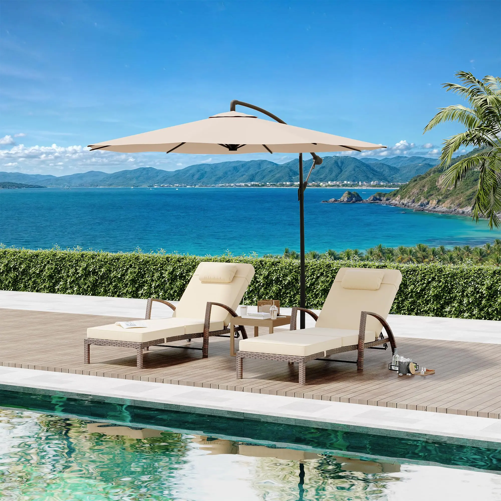 Brown 2-Piece Rattan Large Outdoor Sunloungers Set - 5-Position Adjustable Reclining Chaise Lounge Chairs with Armrests, Outdoor Cushions, Reclining Cushions, Collapsible for Deck, Poolside
