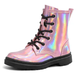 Children's Pink Laser Fashion Trendy Boots Four Seasons Everyday Scene Kids' Shoes with Black Laces Holographic Design Vintage Embroidered High Heeled Boots goth girl Insulated Baby Shark Winter Boots Genuine Leather Toddler Cowboy Boots