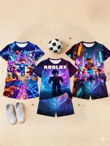 Boys' 3D Neon City Roblox Short Sleeve Set, Virtual World Scene Casual Two-Piece, Perfect for Parties, Festive Gifts, Birthday Presents
