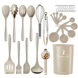 32pcs Silicone Kitchen Utensil Set with Storage Bucket, Heat-Resistant Cooking Tools, Non-Stick Silicone Spatulas And Spoons, Egg Beater, Food Tongs, Baking Tools, Oil Brush, Spoons, Measuring Cups And Jars, Kitchen Gadgets, Kitchen Supplies