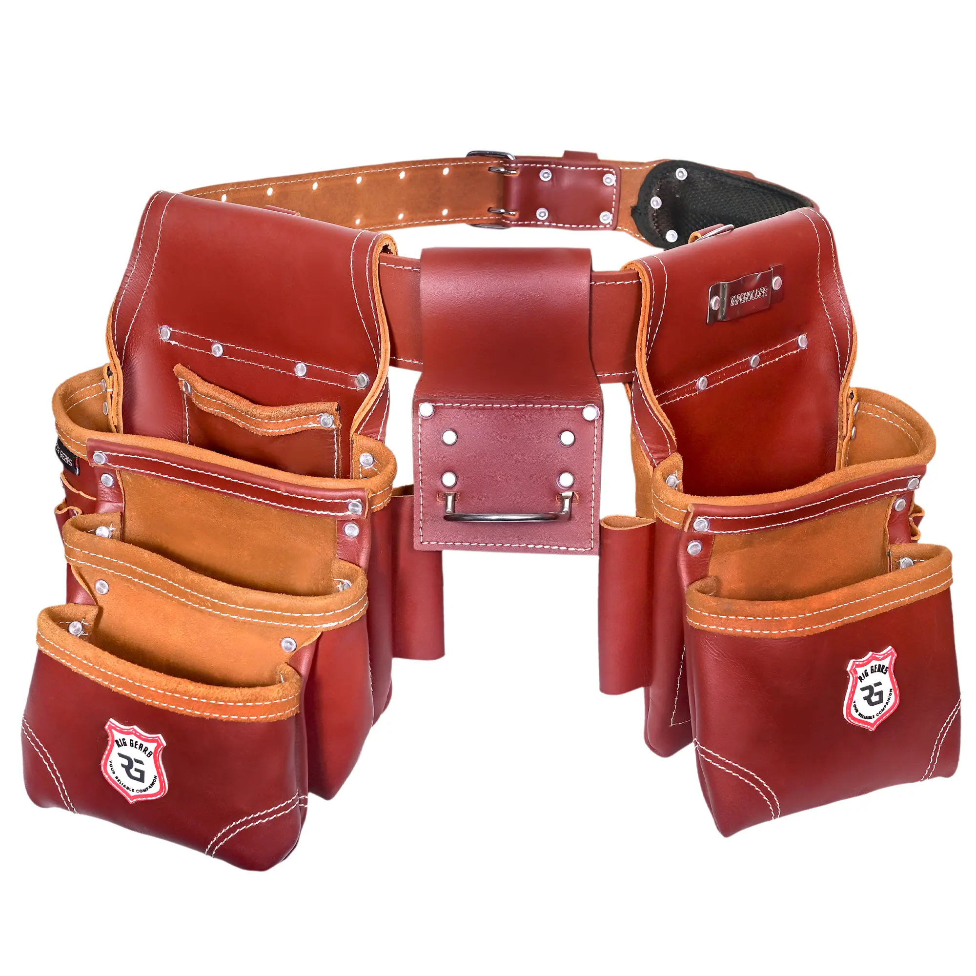Rig Gears Professional 11 Pockets Leather Tool Pouch Bags Heavy-Duty Drywall Electrician Framing Tool Belt Pouches in Maroon Detachable Tool Bag